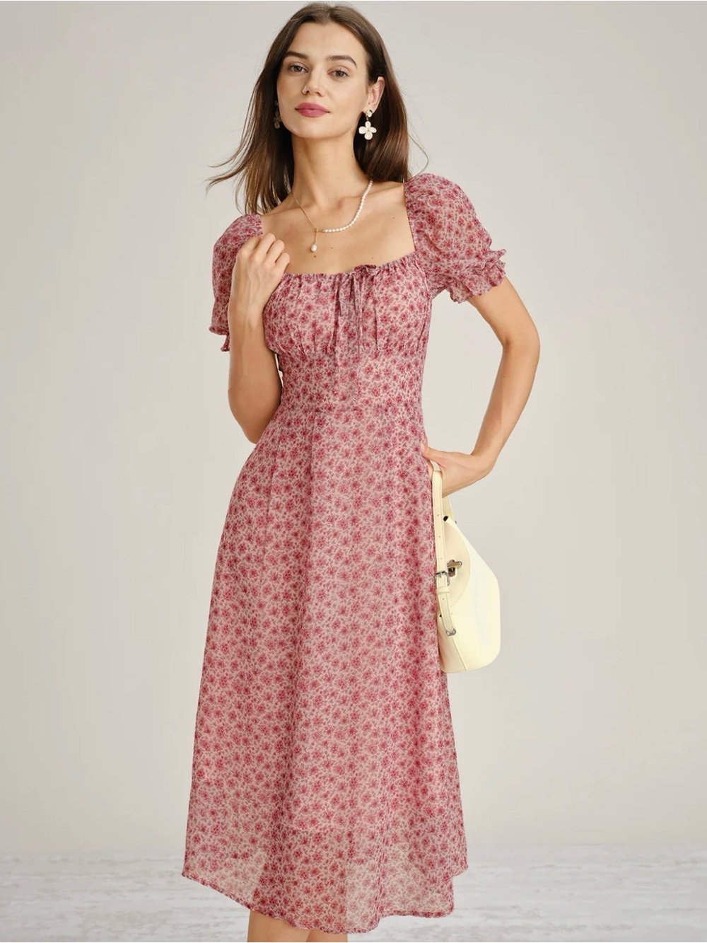Pink Square Neck Floral Chiffon Midi Dress